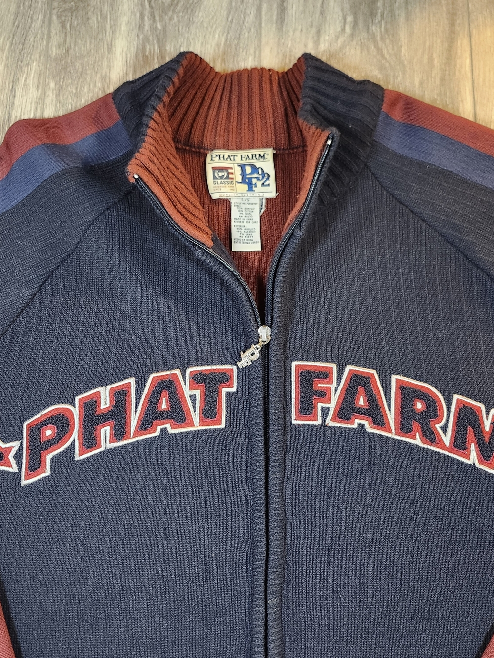 Vintage Phat Farm Men's Navy and Burgundy Zip-Front Sweater